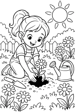 Child planting daisies in a sunny garden