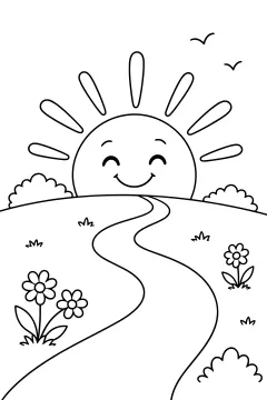 A smiling sun rising above a quiet hill with a winding path and flowers.