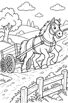 Horse pulling a wagon on a country road with trees and hills in the background