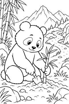 Panda planting a bamboo sapling in a rocky garden with a mountain trail in the background