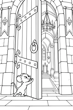 A tiny mouse pushing open a large, ornate castle door