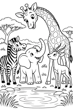 Giraffe bending toward a group of animals at a watering hole