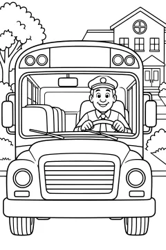 Bus driver smiling behind the wheel of a school bus with a house and trees in the background