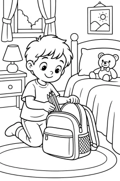 Child packing pencils into a backpack beside a bed