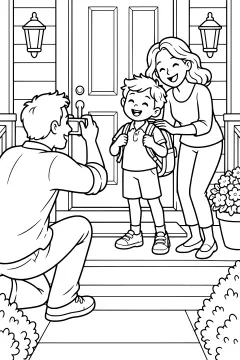 Man taking a photo of a smiling boy with a backpack beside his mother on a front porch