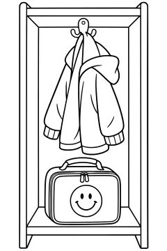 Lunchbox with a smiley face under a jacket in a cubby