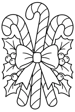 Striped candy canes gathered with a large bow, ribbon tails, pointed holly leaves, and round berries in a symmetrical holiday arrangement.