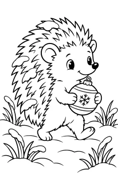Hedgehog holding a decorated ornament in a snowy landscape