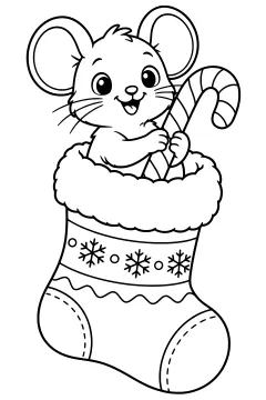 A mouse holding a candy cane inside a Christmas stocking with snowflake patterns.