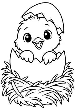Cartoon chick emerging from a cracked eggshell surrounded by straw nest