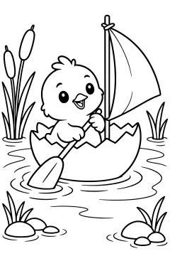 Cartoon chick in an eggshell boat with a sail and oar, floating in water near reeds and rocks