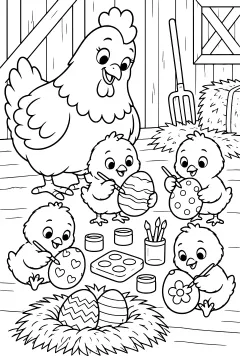 Hen and chicks decorating eggs inside a barn with hay bales and tools in background
