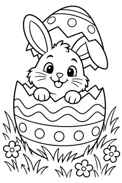 Easter bunny peeking out of a cracked egg with grass and flowers around it