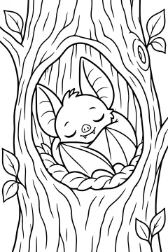 A bat sleeping inside a hollow tree trunk with leaves around it
