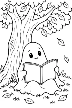 A little ghost holds an open book beneath a leafy tree, surrounded by falling leaves, grass and a flower.