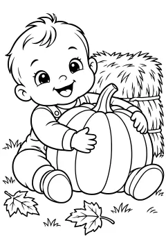 Baby hugging a pumpkin with a haystack and leaves in the background