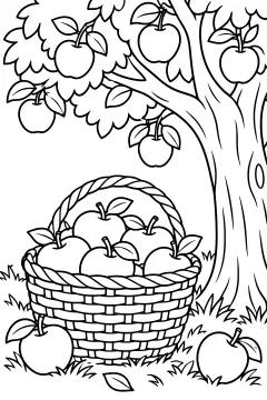 Basket of apples under an orchard tree