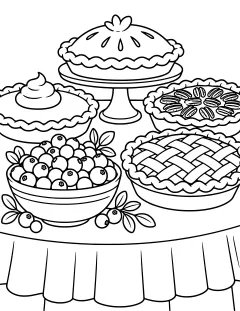 A bowl of cranberries next to four pies on a table with a ruffled tablecloth