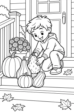 Child arranging gourds on a front porch with pumpkins and leaves