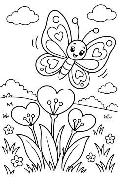 Cartoon butterfly with heart patterns hovering above large heart-shaped flowers in a grassy field with small flowers and clouds.