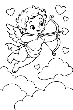 Cupid flying above fluffy clouds with a heart-tipped arrow