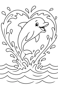 Dolphin leaping through a heart-shaped splash in the ocean