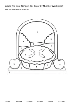 Printable apple pie on a window sill color-by-number worksheet with numbered regions and a color key