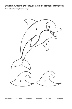 Printable dolphin jumping over waves color-by-number worksheet with numbered regions and a color key