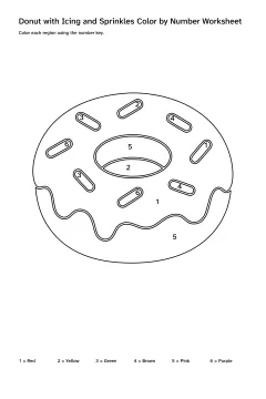 Printable donut with icing and sprinkles color-by-number worksheet with numbered regions and a color key