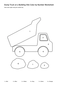 Printable dump truck at a building site color-by-number worksheet with numbered regions and a color key