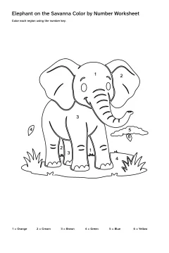 Printable elephant on the savanna color-by-number worksheet with numbered regions and a color key