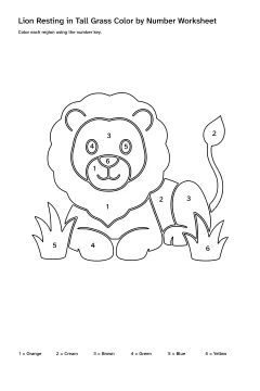 Printable lion resting in tall grass color-by-number worksheet with numbered regions and a color key