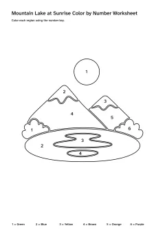Printable mountain lake at sunrise color-by-number worksheet with numbered regions and a color key