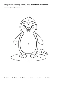 Printable penguin on a snowy shore color-by-number worksheet with numbered regions and a color key