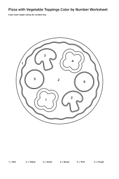 Printable pizza with vegetable toppings color-by-number worksheet with numbered regions and a color key