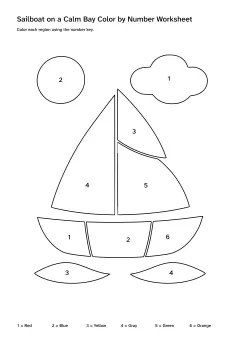 Printable sailboat on a calm bay color-by-number worksheet with numbered regions and a color key