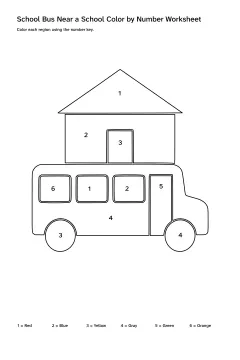 Printable school bus near a school color-by-number worksheet with numbered regions and a color key