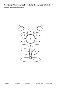 Printable sunflower garden with bees color-by-number worksheet with numbered regions and a color key