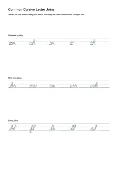 Printable worksheet for practicing common cursive letter joins and connecting strokes