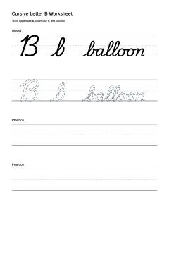 Printable cursive letter B worksheet with uppercase B, lowercase b, and balloon practice