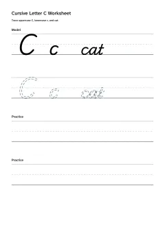 Printable cursive letter C worksheet with uppercase C, lowercase c, and cat practice