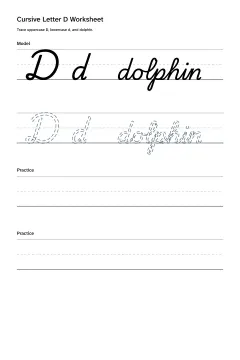 Printable cursive letter D worksheet with uppercase D, lowercase d, and dolphin practice