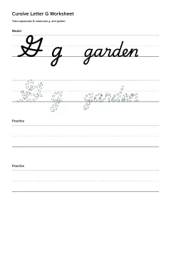 Printable cursive letter G worksheet with uppercase G, lowercase g, and garden practice