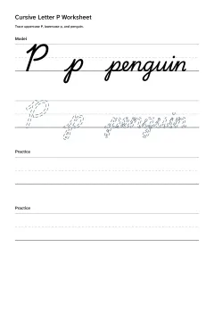 Printable cursive letter P worksheet with uppercase P, lowercase p, and penguin practice