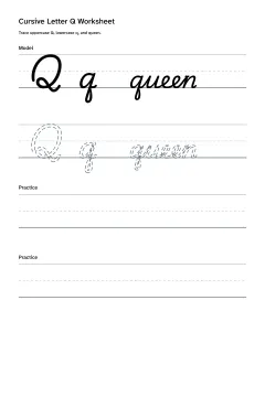 Printable cursive letter Q worksheet with uppercase Q, lowercase q, and queen practice