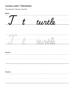 Printable cursive letter T worksheet with uppercase T, lowercase t, and turtle practice