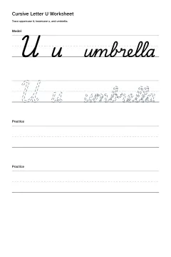 Printable cursive letter U worksheet with uppercase U, lowercase u, and umbrella practice