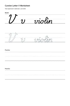 Printable cursive letter V worksheet with uppercase V, lowercase v, and violin practice