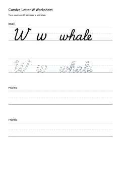 Printable cursive letter W worksheet with uppercase W, lowercase w, and whale practice