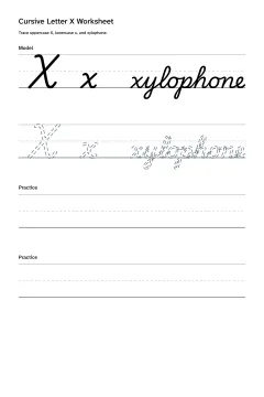 Printable cursive letter X worksheet with uppercase X, lowercase x, and xylophone practice